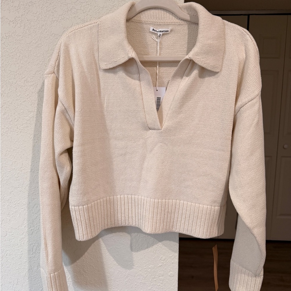 Reformation Francesco Cotton Polo Sweater - Gossamer (Cream) (XS) (NWT)